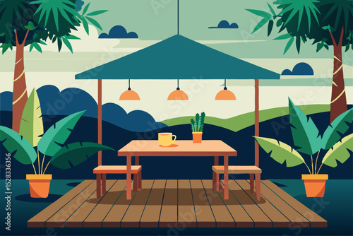 Lush Garden Dining Cartoon Animation Background Vector illustration