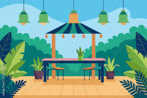 Tropical Garden Dining Cartoon Animation Background Vector illustration
