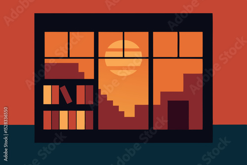 Bookstore Sunset Reflection Cartoon Animation Background Vector illustration