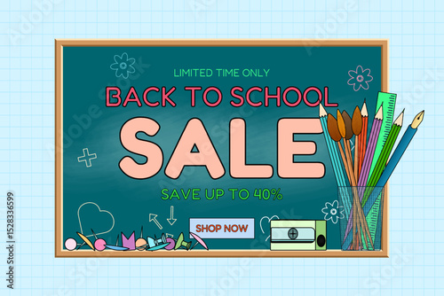 Back to school sale banner with chalkboard, school supplies and promotional text. Cartoon style discount advertisement on graph background. For seasonal promotion, online store, or marketing material.