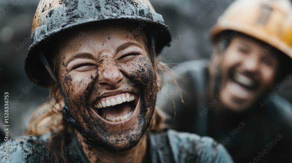 Fototapeta premium Two enthusiastic women covered in mud share a joyful moment of laughter, showcasing the power of friendship and fun in outdoor activities, embracing the freedom of self-expression.