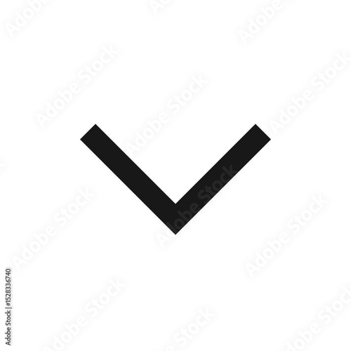 Illustration of a simple downward pointing chevron arrow in black color on a white background space here now