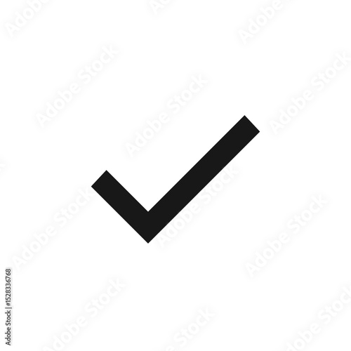 A simple black check mark icon with thick lines isolated on a white background indicating validation