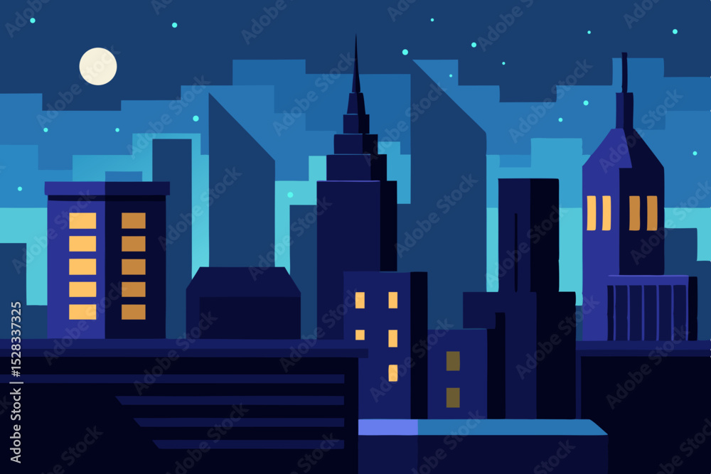 Fototapeta premium Manhattan Night Skyline Cartoon Animation Background Vector illustration