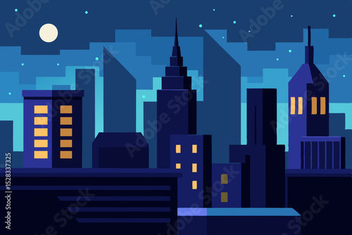 Manhattan Night Skyline Cartoon Animation Background Vector illustration