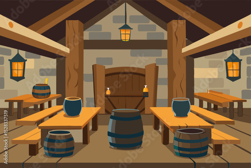 Historic Tavern Interior Cartoon Animation Background Vector illustration
