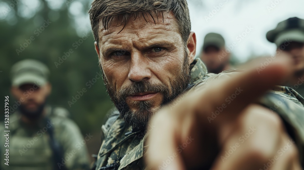 Fototapeta premium A determined man dressed in military attire intensely pointing forward, embodying strength, leadership, and focus, against a blurred background of fellow soldiers.