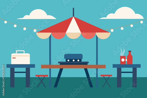 Black Silhouette Summer BBQ Patio Cartoon Animation Background Vector illustration
