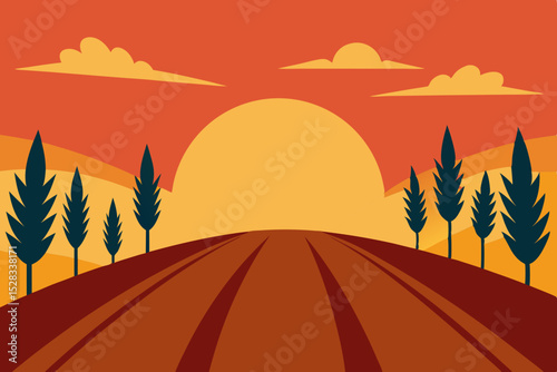 Black Silhouette Golden Wheat Field Sunrise Cartoon Animation Background Vector illustration