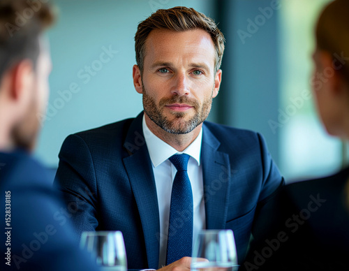 portrait of a handsome businessman in a blue suit at an executive meeting