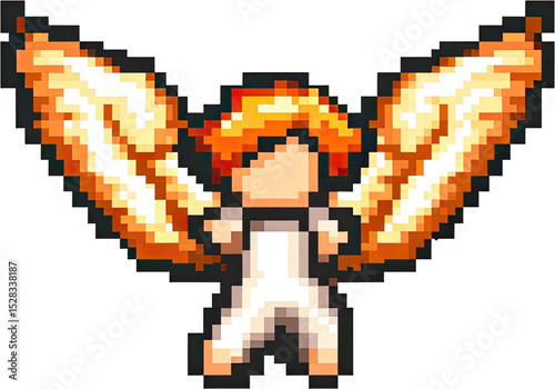 Pixelated figure with fiery wings.