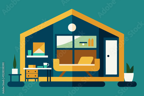 Black Silhouette Tiny Home Interior Cartoon Animation Background Vector illustration