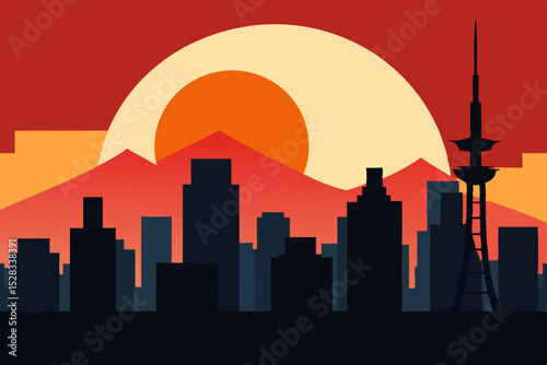 Black Silhouette Anime Sunset Tokyo Cartoon Animation Background Vector illustration