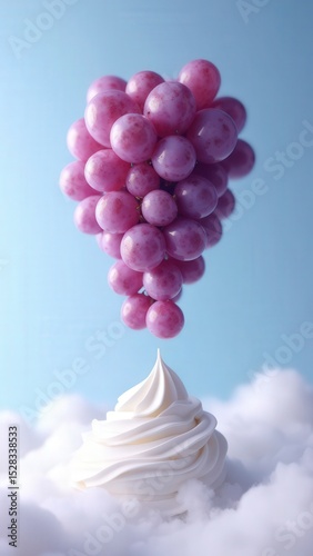 Cloud shaped like ice cream topped with cluster of purple grapes floating in blue sky, surreal, photo