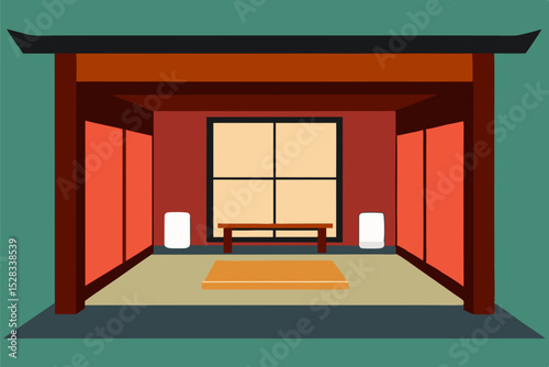 Black Silhouette Serene Ryokan Room Cartoon Animation Background Vector illustration