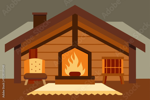 Black Silhouette Classic Chalet Interior Cartoon Animation Background Vector illustration