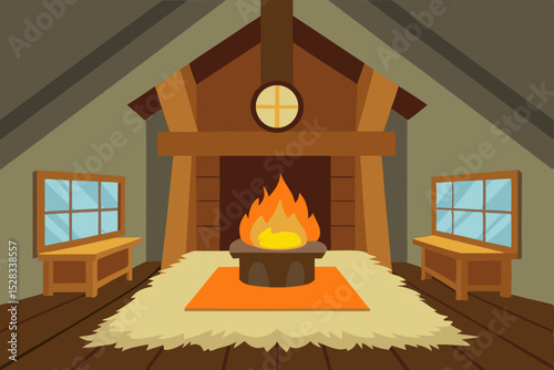Black Silhouette Warm Chalet Interior Cartoon Animation Background Vector illustration
