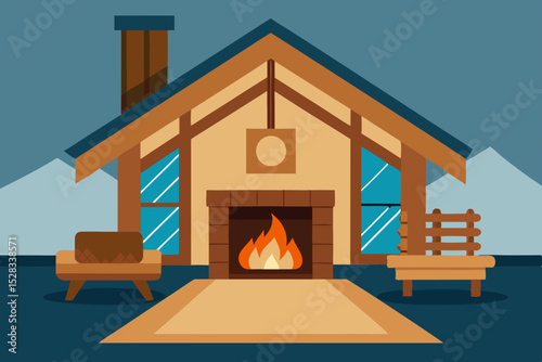 Black Silhouette Rustic Chalet Interior Cartoon Animation Background Vector illustration