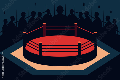 Black Silhouette Underground Fight Club Ring with Spectators in Shadow Vector illustration Background