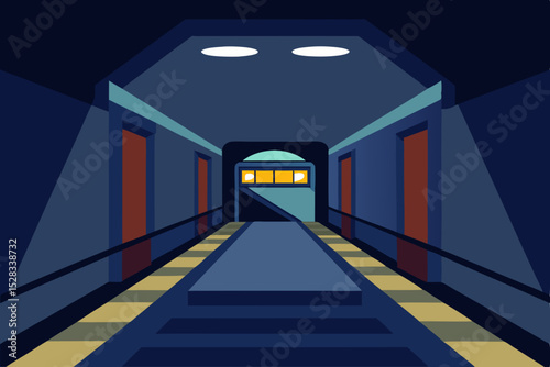 Black Silhouette Eerie Underground Subway Station with Dim Lighting Vector illustration Background