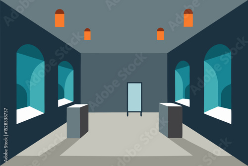 Black Silhouette Underground Modern Art Gallery with Exposed Stone Walls Vector illustration Background