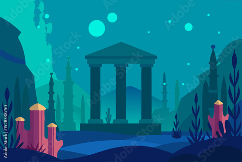 Black Silhouette Lost City of Atlantis with Greco-Roman Architecture underwater Vector illustration Background
