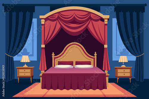 Black Silhouette Classic Victorian Bedroom with Thick Drapes and Antique Furniture Vector illustration Background