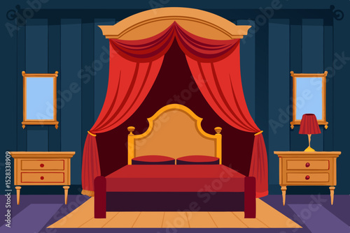 Black Silhouette Ornate Victorian Bedroom with Luxurious Drapes and Vintage Bed Vector illustration Background