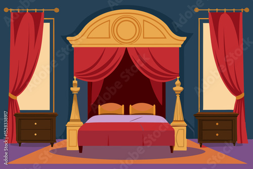 Black Silhouette Elegant Victorian Bedroom with Rich Drapes and Four-Poster Bed Vector illustration Background