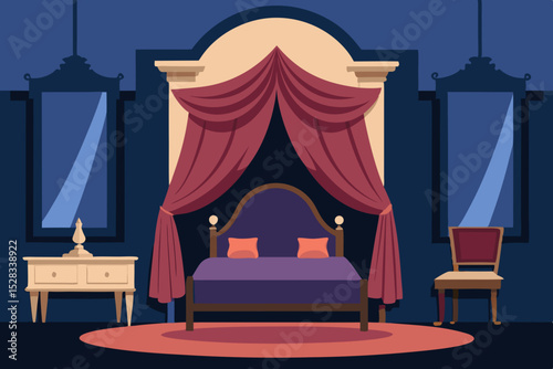 Black Silhouette Victorian Bedroom Interior with Heavy Drapes and Antique Bed Vector illustration Background