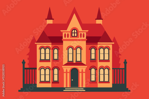 Black Silhouette Ornate Victorian Home with Elaborate Wood Trim and Period Furnishings Vector illustration Background