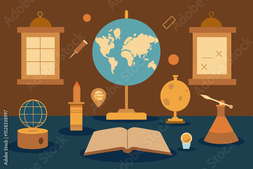 Black Silhouette Antique Map Study with Globes, Aged Scrolls, and Nautical Instruments Vector illustration Background