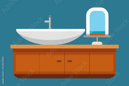 Black Silhouette Yacht Bathroom with Polished Wood Cabinets and Marble Countertops Vector illustration Background