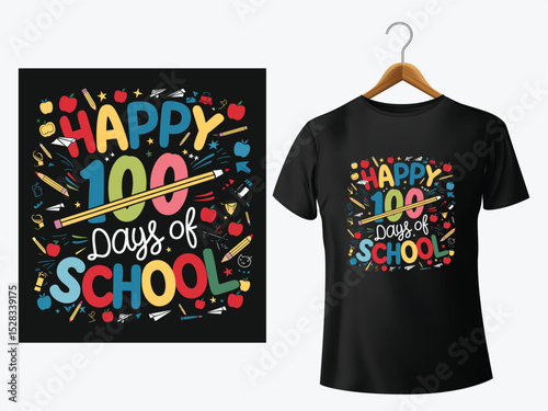 Celebratory t shirt design marking the happy one hundred days of school with colorful illustrations