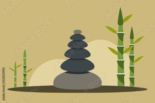 Black Silhouette Tranquil Zen Garden with Pile of Stones and Bamboo Vector illustration Background