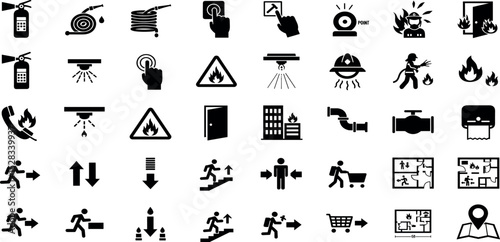 Fire safety and evacuation glyph icon set. Vector pictograms of sprinkler system, extinguisher, hose, firefighter helmet, smoke detector, flammable, black sign 
