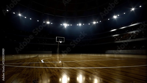 A basketball court with a hoop and stadium seating under bright lights in a dark arena setting