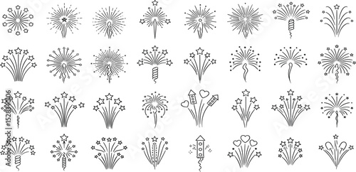  Fireworks line icon set. Vector pictograms of various burst patterns, star, spiral, fountain, rocket, heart shape explosion for celebration party