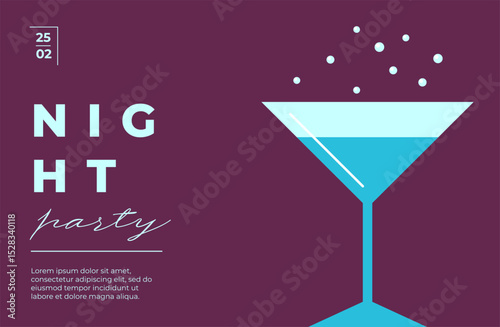 Flat night party poster with abstract cocktail glasses and geometric shapes. Trendy summer vibe with modern typography. Ideal for bar menu, event flyer or disco celebration banner. Vector illustration