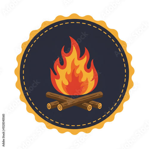 Campfire Emblem: Cozy flames and logs in a circular badge design