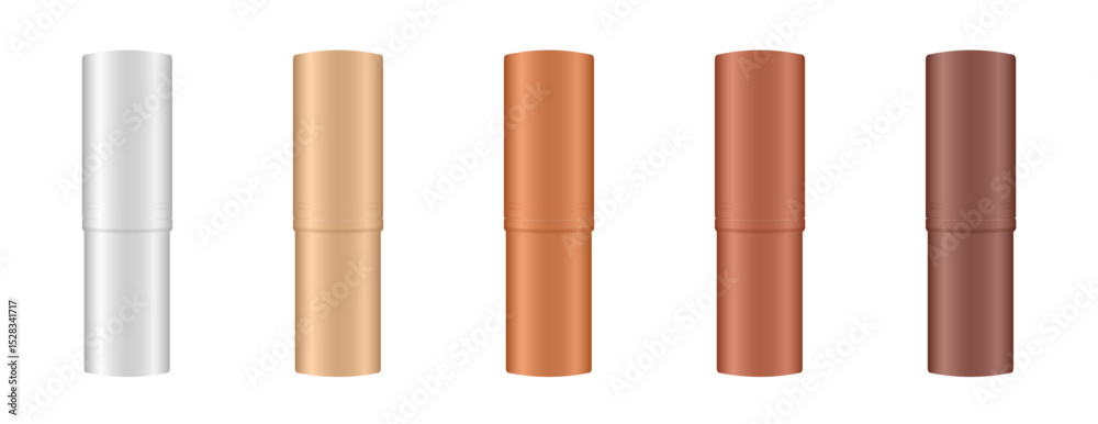 Mockup of thin closed cosmetic sticks. Cosmetic tube. Face contouring pen, highlighter or bronzer. Concealer or foundation. White, beige, bronze and brown containers