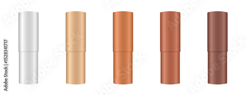 Mockup of thin closed cosmetic sticks. Cosmetic tube. Face contouring pen, highlighter or bronzer. Concealer or foundation. White, beige, bronze and brown containers