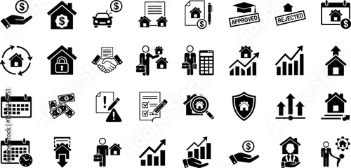 Loans mortgages glyph icon set. Vector pictograms of percent calendar, payment, interest, agreement, broker, business, briefcase, calculator