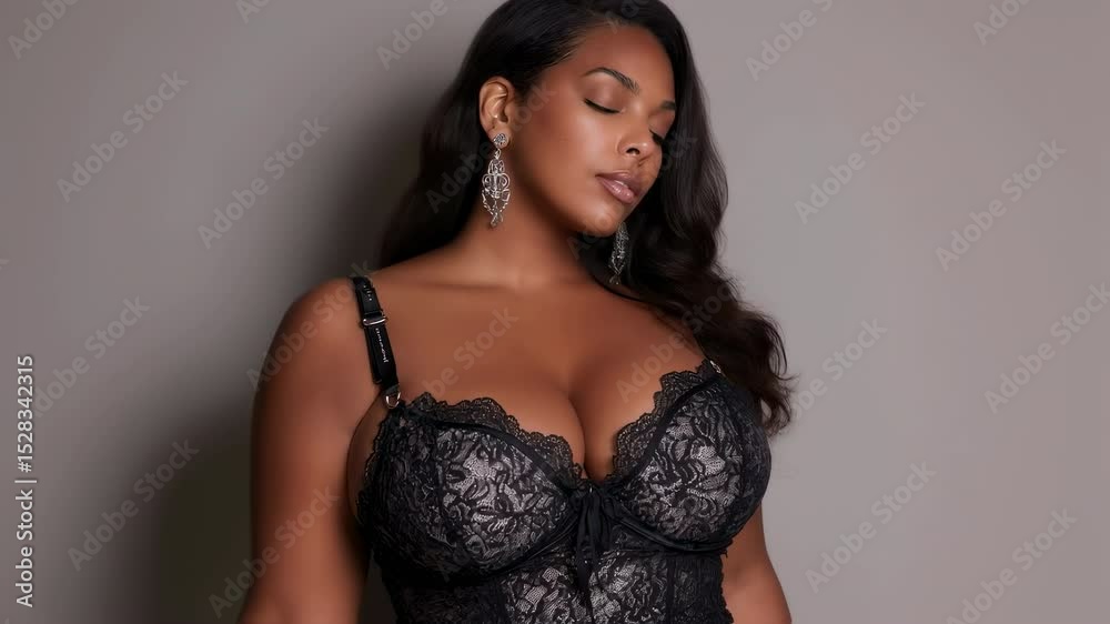 Curvy model wearing elegant black lingerie and earrings, posing against a neutral background, gradually closing her eyes in a series of captivating shots