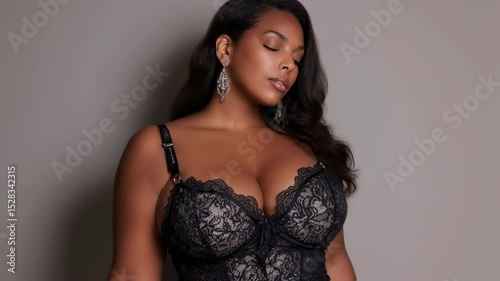 Curvy model wearing elegant black lingerie and earrings, posing against a neutral background, gradually closing her eyes in a series of captivating shots