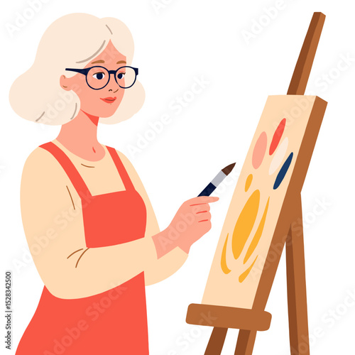 Artistic elderly woman enjoying painting hobby. Senior lady creating floral art on canvas. Creative retirement – painting and artistic expression. Elderly set