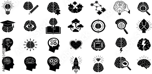 Mind, brain concept line icon set. Vector pictograms of mental processes, learning, creativity, problem-solving, mindfulness, memory, cognitive development, abstract thinking