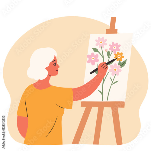 Artistic elderly woman enjoying painting hobby. Senior lady creating floral art on canvas. Creative retirement – painting and artistic expression. Elderly set