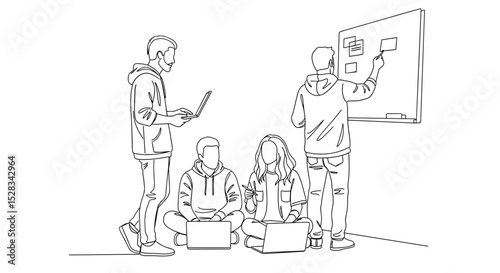 Team Collaboration Illustration with Young Professionals Working on Laptops in a Startup Environment for Business Blogs, Education, and Creative Projects