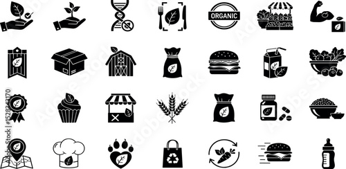 Organic food glyph icon set. Vector pictograms of vegan meal, vegetables, fruit basket, berries, superfood, protein, bean, recyclable packaging, dairy free, burger,